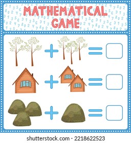 Mathematical count game for kids. Can You solve this? Children funny riddle entertainment. Find right answer. Mathematics vector activity page and game. Matching task with tree, house, anthill.