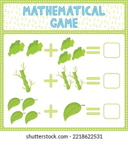 Mathematical count game for kids. Can You solve this? Children funny riddle entertainment. Find right answer. Mathematics vector activity page and game. Matching task with lettuce, bamboo, leaf.