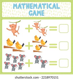 Mathematical count game for kids. Can You solve this? Children funny riddle entertainment. Find right answer. Mathematics vector activity page and game. Matching task with monkey, bird, mouse.