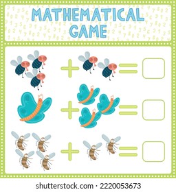 Mathematical count game for kids. Can You solve this? Children funny riddle entertainment. Find right answer. Mathematics vector activity page and game. Matching task with fly, butterfly, mosquito.