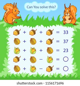 Juego de conteo matemático para niños. Tarea de emparejamiento con nueces y bellotas. ¿Puedes resolver esto? Los niños divertidos entretenimientos. Encuentre la respuesta correcta. Página y juego de actividades vectoriales matemáticas.