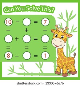 Mathematical count game for kids. Matching task with cute giraffe. Can You solve this. Children funny riddle entertainment. Find right answer. Mathematics vector activity page and game.