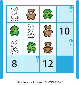 Mathematical count game for kids. Matching task with candy and toy. Children funny riddle entertainment. Find right answer. Mathematics vector activity page and game.