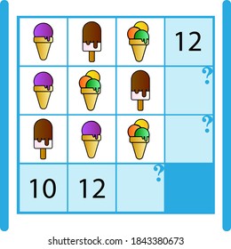 Mathematical count game for kids. Matching task with candy and toy. Children funny riddle entertainment. Find right answer. Mathematics vector activity page and game.