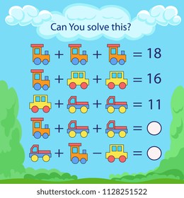 Mathematical count game. Matching game for kids with train and car. Can You solve this? Children worksheet with funny riddle entertainment. Find right answer. Vector activity page and game.