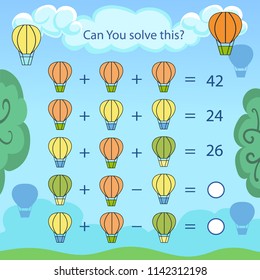 Mathematical count game. Matching task for kids with icon balloon. Can You solve this? Children funny riddle entertainment. Find right answer. Mathematics vector activity page and game.