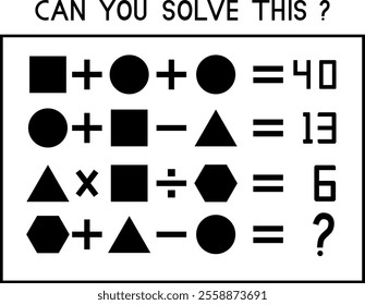 Mathematical count game. Matching task for kids with icon different shape. Can You solve this? Children funny riddle entertainment. Find right answer. Mathematics vector activity page and game.