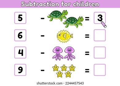 Mathematical counting game for kids. Educational subtraction math exercises with cartoon sea animals. Calculate and write the result. Worksheet for preschool and school children. Vector illustration.