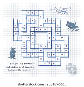 Crucigrama matemático. ¿Puedes resolver ejemplos? Encuentre la solución para todas las ecuaciones y escriba los números. Libro de revelación del cerebro. Juego de puzzle de lógica matemática sobre suma y resta. Imagen de Vector.