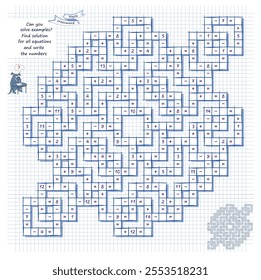 Mathematical crossword. Can you solve examples? Find solution for all equations and write numbers. Brain teaser book. Logic puzzle on addition, multiplication, division and subtraction. Vector image.