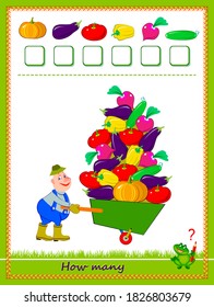 Educación matemática para niños. Contar cantidad de verduras y escribir números. Desarrollando habilidades de conteo. Juego de rompecabezas lógico. Hoja de trabajo para el libro de texto escolar. Hoja de actividades para niños. Juega en línea.