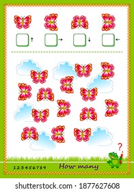 Mathematical education for children. Count quantity of butterflies flying in each direction and write numbers. Developing kids counting skills. Logic puzzle game for school textbook. Play online.