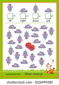 Mathematical education for children. Count quantity of mice moving in each direction and write numbers. Developing kids counting skills. Logic puzzle game for school textbook. Play online. Flat vector