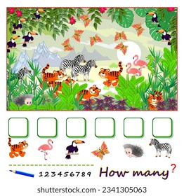 Mathematical education for children. How many animals can you find in the jungle? Count the quantity and write the numbers. Kids activity sheet. Educational puzzle game. Vector cartoon illustration.