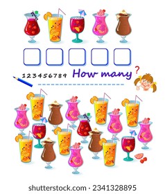 Mathematical education for children. How many drinks can you find in the picture? Count the quantity and write the numbers. Kids activity sheet. Educational puzzle game. Vector cartoon illustration.