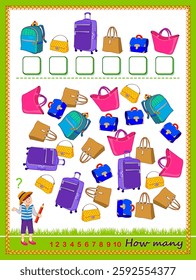 Mathematical education for children. How many bags can you find? Count quantity and write the numbers. Developing counting skills. Logic puzzle game. Worksheet for kids. Flat vector illustration.