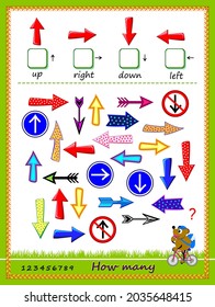 Mathematical education for kids. Count the quantity of arrows pointing in each direction and write the numbers. Developing children counting skills. Logic puzzle game for school textbook. Play online