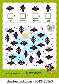 Mathematical education for kids. Count the quantity of bats moving in each direction and write the numbers. Developing children counting skills. Logic puzzle game for school textbook. Play online.