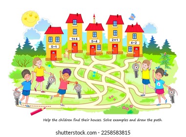 Mathematical education for kids. Help the children find their houses. Solve examples and draw the path. Logic puzzle game. Play online. Educational page. Activity sheet. Vector cartoon illustration