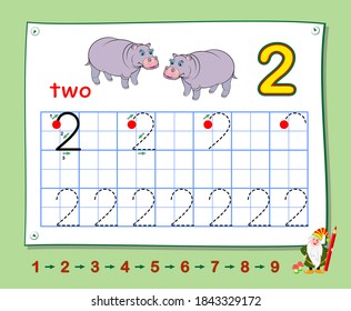 Mathematical education for little children. Learn write numbers. Printable worksheet for school textbook. Kids activity sheet. Developing counting skills. Trace number two.