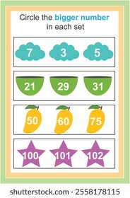 Mathematical educational game for children. Circle the bigger number worksheet. bigger smaller number worksheet for kids.