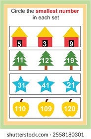 Mathematical educational game for children. Circle the smaller number worksheet. bigger smaller number worksheet for kids.