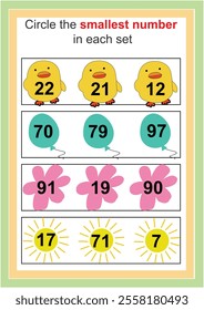 Mathematical educational game for children. Circle the smaller number worksheet. bigger smaller number worksheet for kids.
