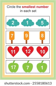 Mathematical educational game for children. Circle the smaller number worksheet. bigger smaller number worksheet for kids.