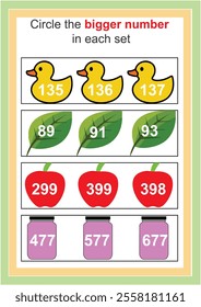 Mathematical educational game for children. Circle the smaller number worksheet. bigger smaller number worksheet for kids.