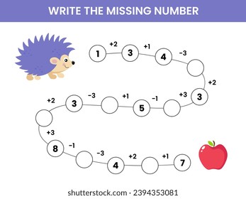 Mathematical educational game for children. Complete the series and fill in the missing numbers. Solve the equation and help the hedgehog find the red apple. Educational cards for children