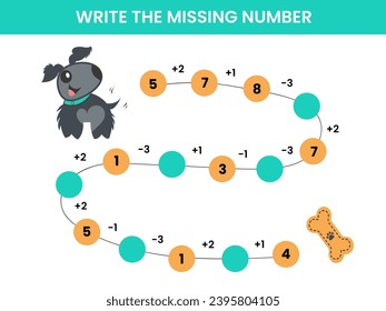 Mathematical educational game for children. Complete the series and insert the missing numbers. Solve the equation and help the dog find the orange bone. Educational cards for children