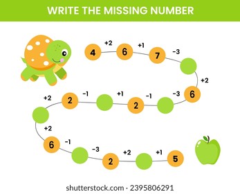 Mathematical educational game for children. Complete the series and insert the missing numbers. Solve the equation and help the turtle find the green apple. Educational cards for children