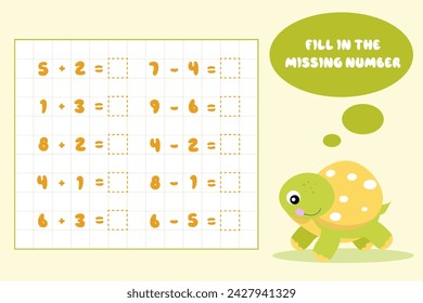 Mathematical educational game for children. Complete the series and fill in the missing numbers.Solve the equation.Educational cards for children.Addition and subtraction up to 10.Vector illustration.