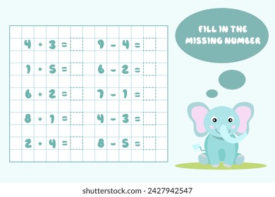 Mathematical educational game for children. Complete the series and fill in the missing numbers.Solve the equation.Educational cards for children.Addition and subtraction up to 10.Vector illustration