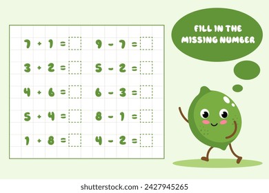 Mathematical educational game for children. Complete the series and fill in the missing numbers.Solve the equation.Educational cards for children.Addition and subtraction up to 10.Vector illustration