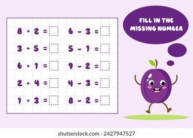 Mathematical educational game for children. Complete the series and fill in the missing numbers.Solve the equation.Educational cards for children.Addition and subtraction up to 10.Vector illustration.