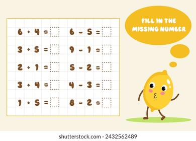 Juego educativo matemático para niños. Completa la serie y rellena los números que faltan. Resuelve la ecuación.Tarjetas educativas para niños.Suma y resta hasta 10.Ilustración vectorial