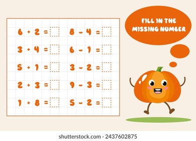 Mathematical educational game for children. Complete the series and fill in the missing numbers. Solve the equation.Educational cards for children.Addition and subtraction up to 10.