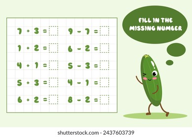 Mathematical educational game for children. Complete the series and fill in the missing numbers. Solve the equation.Educational cards for children.Addition and subtraction up to 10.
