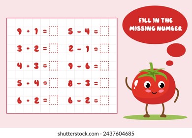 Juego educativo matemático para niños. Completa la serie y rellena los números que faltan. Resuelve la ecuación.Tarjetas educativas para niños.Suma y resta hasta 10.