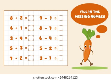Mathematisches Lernspiel für Kinder. Schließe die Serie ab und fülle die fehlenden Zahlen ein. Lösen Sie die Gleichung.Bildungskarten für Kinder.Addition bis zu 10. Arbeitsblatt für Kinder.
