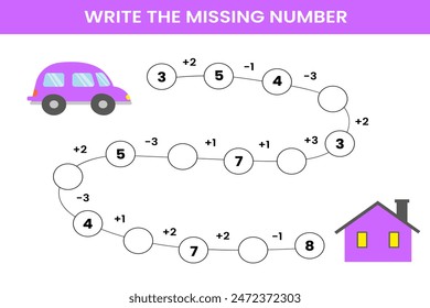 Mathematical educational game for children. Complete the series and insert the missing numbers. Solve the equation and help the car get home. Educational cards for children