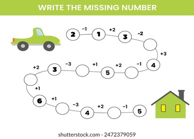 Mathematical educational game for children. Complete the series and insert the missing numbers. Solve the equation and help the car get home. Educational cards for children