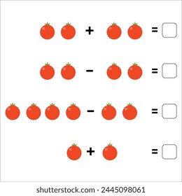 Mathematical educational game for children. Fun mathematics. Learning to count addition and subtraction for children. Vegetables puzzle. Flat vector illustration
