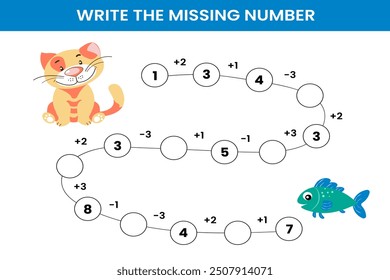 Mathematical educational game for children. Subtraction and addition up to 10. Complete the series and insert the missing numbers. Solve the equation and help the cat catch the fish. Educational cards