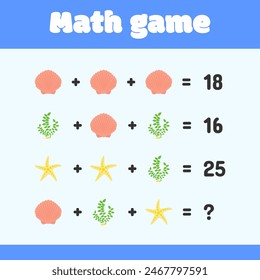 Mathematical educational game on the theme of sea and ocean for children. Logical thinking, vector illustration