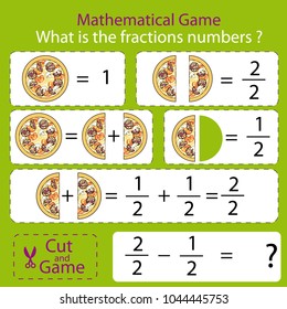Tareas educativas matemáticas para los niños. Estudiar los números de fracciones. Los niños divertidos entretenimientos. Ejemplo matemático. Hoja de respuesta correcta. Juego de actividades. Ilustración vectorial.