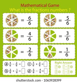 Mathematical educational tasks for kids. Study the fractions numbers. Children funny riddle entertainment with five parts pizza. Math count. Sheet right answer. Activity game. Vector illustration.