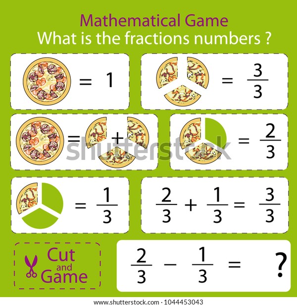 Mathematical educational tasks for kids.\
Study the fractions numbers. Children funny riddle entertainment\
with three parts pizza. Math example. Sheet right answer. Activity\
game. Vector\
illustration.