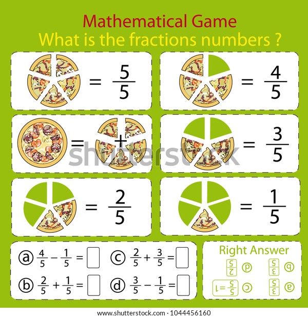 Mathematical educational tasks for kids.\
Study the fractions numbers. Children funny riddle entertainment\
with five parts pizza. Math example. Sheet right answer. Activity\
game. Vector\
illustration.